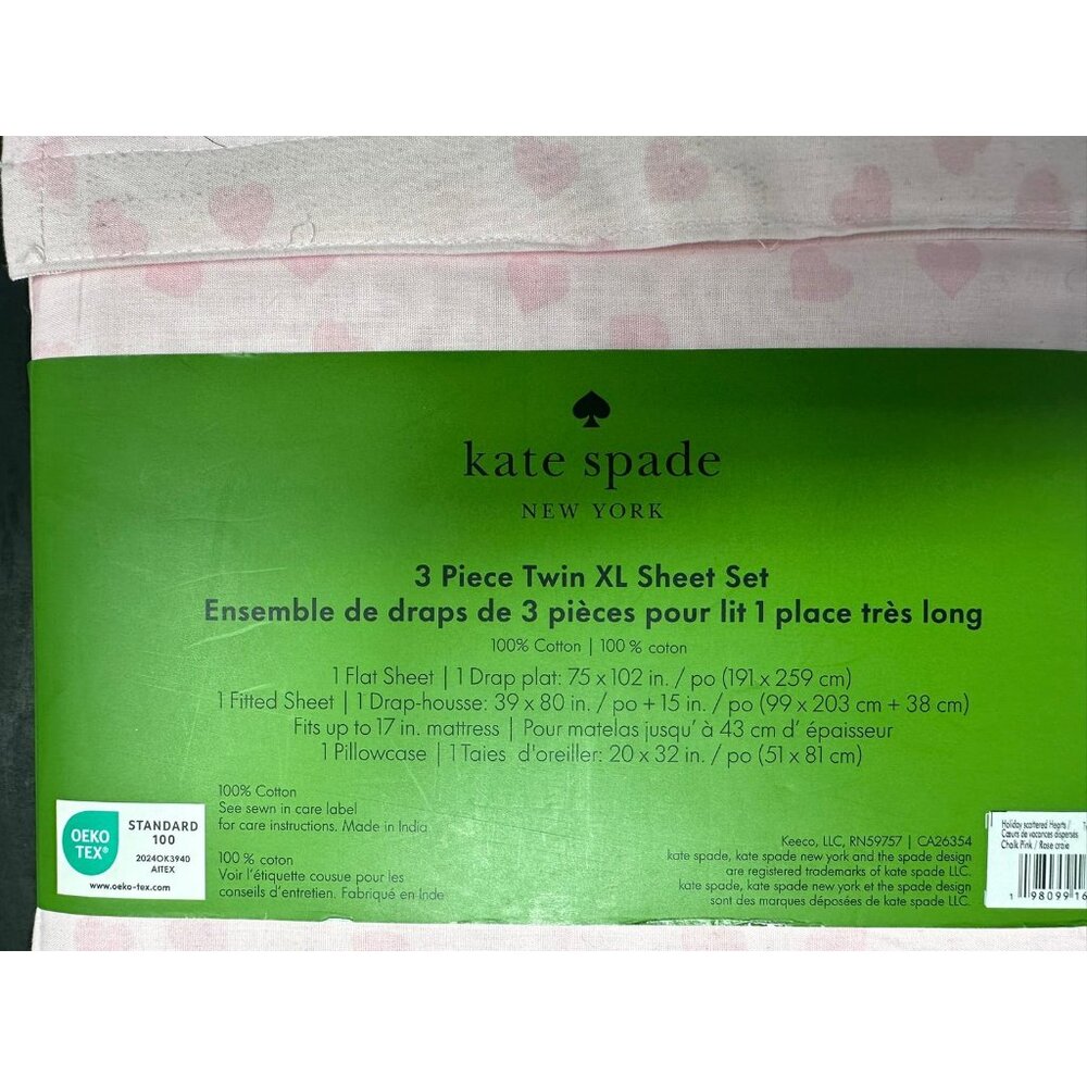 KATE SPADE HOLIDAY SCATTERED HEARTS Chalk Pink EXTRA LONG TWIN Sheet Set NEW NIP - Picture 8 of 9